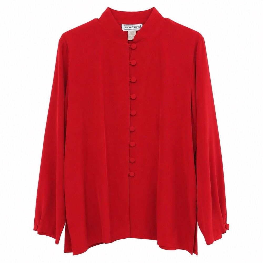 Impressions Of California Blouse Women 3X Red Button Mandarin Collar Tunic NWOT